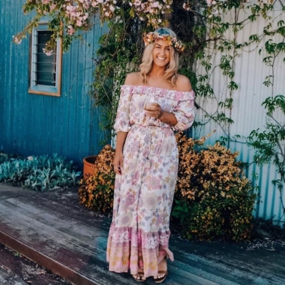 Waverly Floral Gypsy Bohemian Off Shoulder Blouse & Maxi Ruffle Skirt Set - Picture 12 of 13